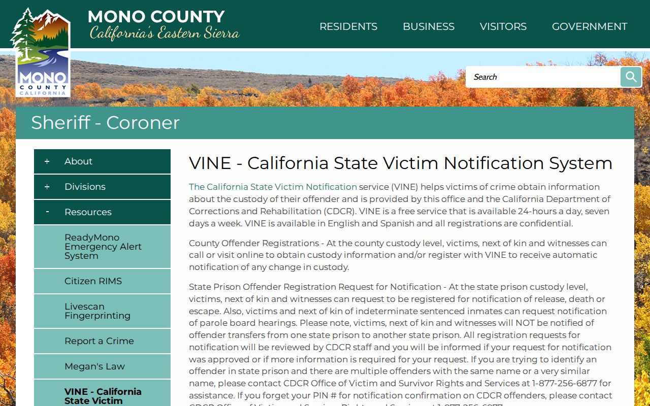 Trinity County VINELink inmate search California VINE PIN and CDCR review source